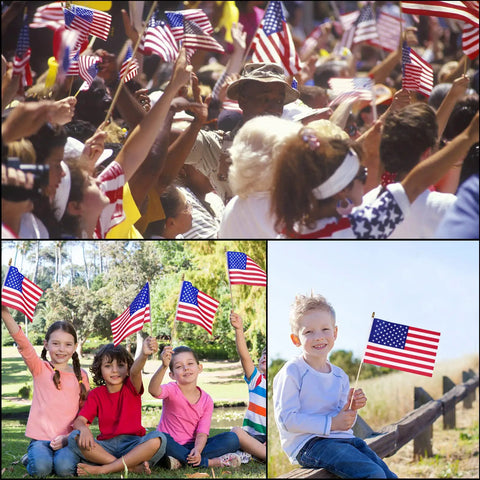 Children waving Cool 100 Pack Small American Flags On Sticks 8 By 12 Inch Mini US Flags with wooden poles at outdoor event.
