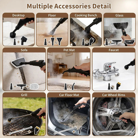 Negom Handheld Steam Cleaner High Pressure 2500W Portable Carpet & Grout Cleaner with 18 accessories cleaning various surfaces.