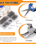 150 Piece Compression Springs Set In 5 Sizes Featuring 0.5mm Wire And 6mm Outer Diameter With 10mm To 50mm Lengths Stainless Steel For Shop Repairs And DIY Projects Pro Grade Mechanical Springs Assortment Kit in plastic storage box, with scissors and stapler usage illustrations.