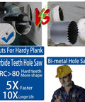Close-up of carbide tipped hole saw cutter versus bi-metal hole saw with man in hard hat, showing tooth design and durability.