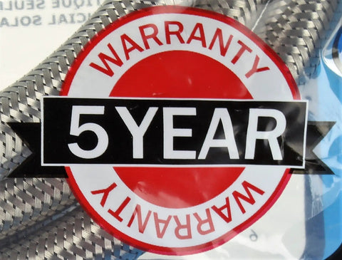 Close-up of 5-year warranty label on 10 Foot Stainless Steel Washing Machine Hoses 2 Pack Burst Proof Universal Fit Flexible Water Supply Lines