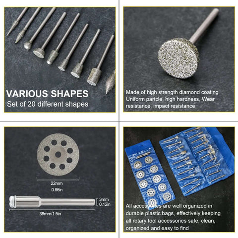 Pro Grade Diamond Burr Set For Rotary Tools 32Pc 1/8 Inch Shank Grinding And Engraving Bits detailed view