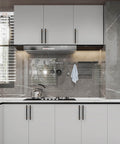 Modern kitchen with 10 Pack 5 Inch Matte Black And Champagne Bronze Cabinet Handles For Kitchen Cabinets, stainless hardware.