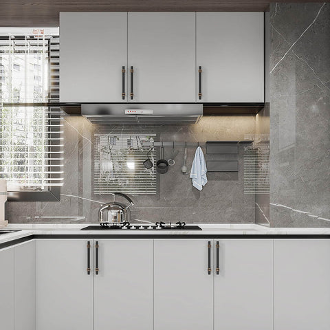 Modern kitchen with 10 Pack 5 Inch Matte Black And Champagne Bronze Cabinet Handles For Kitchen Cabinets, stainless hardware.