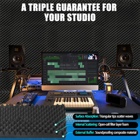 Killer 4 Pack Acoustic Foam Panels 48 X 24 X 2 Inch Egg Crate Sound Proofing Wedges on studio desk for noise reduction.
