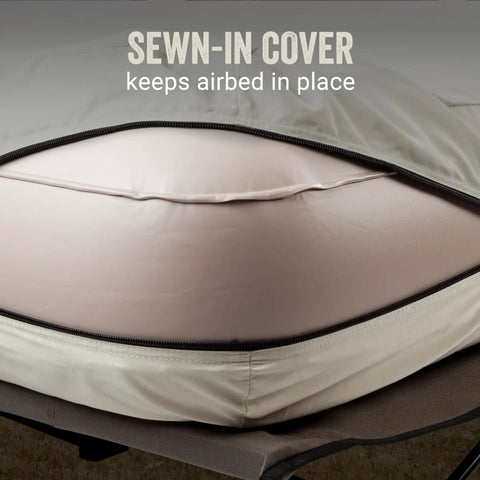 Queen Size Airbed Cot With Folding Steel Frame And Side Table Battery Pump Included Portable Camping Bed showing sewn-in cover.