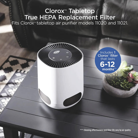 Tabletop True HEPA Replacement Filter for Air Purifier, 200 Sq Ft Coverage, shown on a table, includes 1 filter, Clorox model 11020 11021