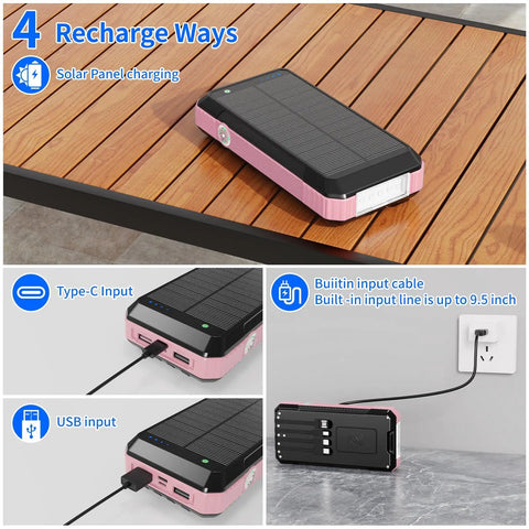 Massive 49800mAh Solar Power Bank With Built In Four Cables And 22.5W Fast Charging Solar Panel Charger For Traveling Camping Emergency And Outdoor Adventures Pink showing recharge options