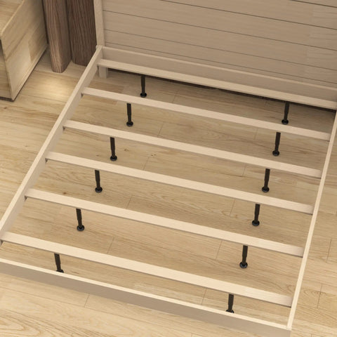 Kick Your Wobbly Sofa Bed Or Table Aside And Install These Rock Solid Heavy Duty Metal Adjustable Legs To Level Uneven Floors Instantly Sturdy Steel Four Pack fitted under wooden slats of a bed frame.