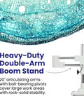 Dual Head Simul Focal Stereo Microscope With Lockable Zoom Pro Grade Build For Pros, 7x To 45x Magnification, Trinocular Eyepiece And Port Viewing, One And A Quarter Inch Wide Field, 4 Inch Working Distance, 3D Boom Stand For Flexible Positioning, heavy-duty double-arm boom stand with 20-inch articulating arms