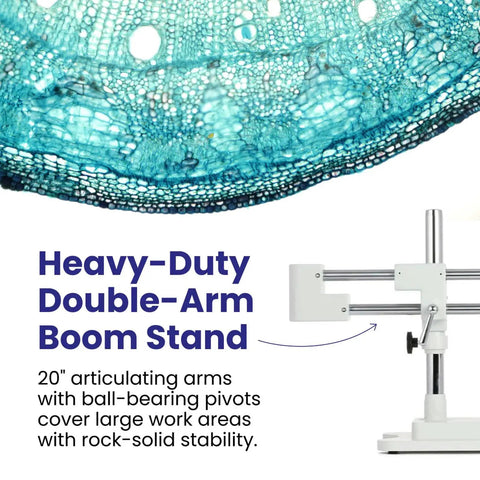 Dual Head Simul Focal Stereo Microscope With Lockable Zoom Pro Grade Build For Pros, 7x To 45x Magnification, Trinocular Eyepiece And Port Viewing, One And A Quarter Inch Wide Field, 4 Inch Working Distance, 3D Boom Stand For Flexible Positioning, heavy-duty double-arm boom stand with 20-inch articulating arms