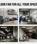 Heavy Duty 20 Inch Metal Floor Fan With High Velocity Airflow Up To 4650 CFM Three Speed Settings And 360 Degree Adjustable Tilt For Garage Warehouse Commercial Space Office And Home in workshop, factory, garage, and warehouse