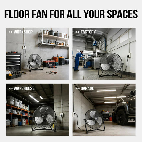 Heavy Duty 20 Inch Metal Floor Fan With High Velocity Airflow Up To 4650 CFM Three Speed Settings And 360 Degree Adjustable Tilt For Garage Warehouse Commercial Space Office And Home in workshop, factory, garage, and warehouse