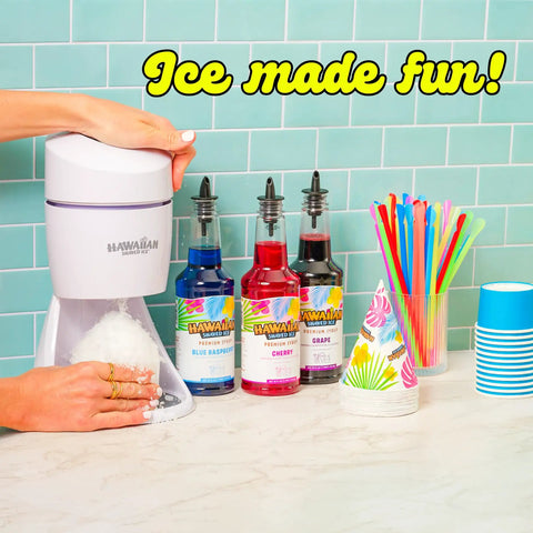 Electric Shaved Ice Machine Kit With Bold Syrup Blends And Twenty Slurp Season Cups for crafting smooth snow cones, slushies.