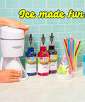 Sturdy Electric Shaved Ice Machine And Sno Cone Maker For Home that cracks cubes into powdered snow with syrup and cones.