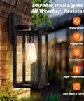 Built Tough 2 Pack Waterproof Outdoor Wall Lanterns, Rust Resistant Black Sconces With Shatterproof Clear Glass, mounted on wall with rain.