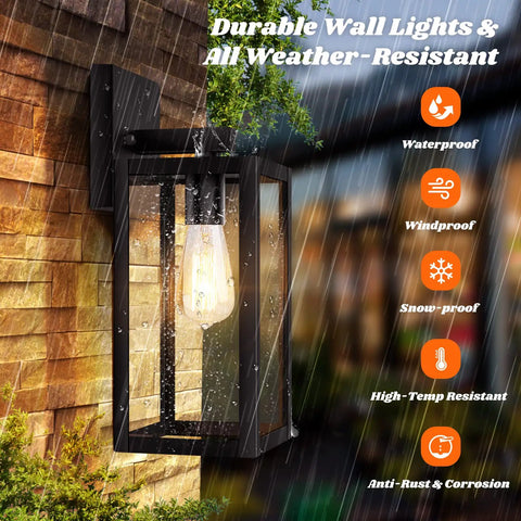 Built Tough 2 Pack Waterproof Outdoor Wall Lanterns, Rust Resistant Black Sconces With Shatterproof Clear Glass, mounted on wall with rain.