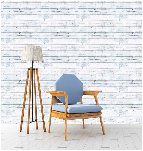 Room with DIY Ready Peel And Stick Shiplap Wallpaper In Light Grey White Distressed Wood Plank Look With Grid Backing, chair, lamp