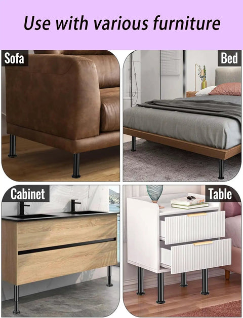 Premium Adjustable Furniture Leveling Feet Set With Universal Screw Threads To Fix Those Wobbly Tables Beds And Couches Quick No Sweat Tool Free Gold Pads used with sofa, bed, cabinet, and table.