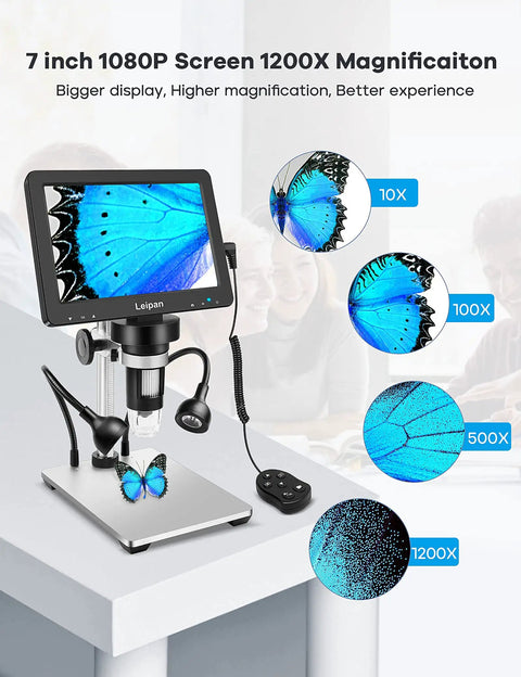 7 Inch LCD Digital Microscope With Screen 1200X Magnification 12MP Coin Microscope For 1080P Images And Videos Rotatable HD Display Easy Setup For Hobbyists DIYers And Classroom Tech Enthusiasts, 7-inch screen showing butterfly wing detail