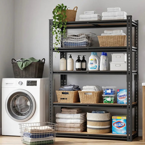 Beefed-Up Heavy Duty 5 Tier Adjustable Metal Shelving Unit With 2500 Lbs Capacity Ultra Sturdy Storage Rack For Garage Warehouse Pantry Closet And Kitchen Organization, black in laundry room