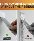 Comparison of Heavy Duty Silver Duct Tape 5 Pack showing clean removal vs residue with text 'Get the powerful adhesion without the residue'.