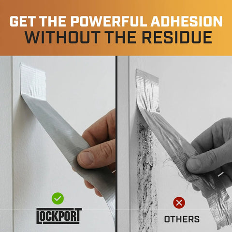 Comparison of Heavy Duty Silver Duct Tape 5 Pack showing clean removal vs residue with text 'Get the powerful adhesion without the residue'.