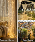 Warm White Curtain String Lights 300 LEDs 9.8x9.8 Ft Plug In Backdrop used in bedroom, wedding, and patio decor