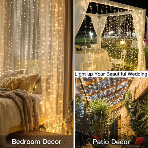 Warm White Curtain String Lights 300 LEDs 9.8x9.8 Ft Plug In Backdrop used in bedroom, wedding, and patio decor