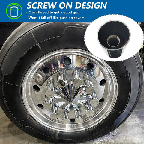20 Pack Lug Nut Covers For Semi Trucks And Trailers 33mm And Three And A Half Inch Thread On Flat Top Cylinder Caps ABS Chrome Plastic Anti Rust Screw On High Gloss Finish Durable Chrome Lug Nut Caps For Heavy Duty Wheels installed
