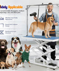 Huge Heavy Duty Electric Pet Grooming Lift Table With Double Scissor Blue Top, man grooming dog, height adjustable for large pets.