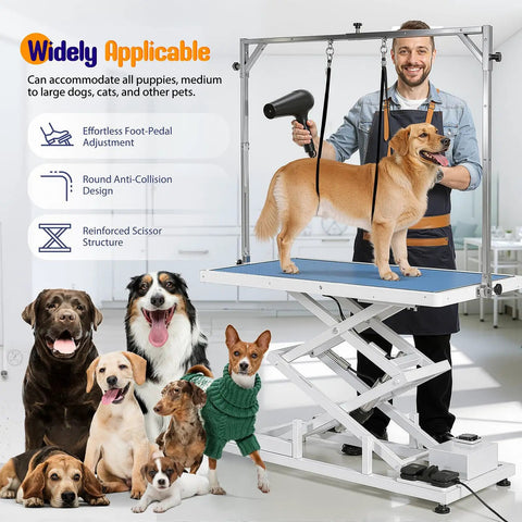 Huge Heavy Duty Electric Pet Grooming Lift Table With Double Scissor Blue Top, man grooming dog, height adjustable for large pets.