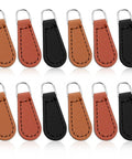 Zipper Pull Tabs Replacement Kit For Luggage Backpacks Jackets Purses And Handbags Grab And Go Easy Clip On PU Leather Zipper Pulls No Tools Required 12 Pack In Black Khaki And Red Brown Perfect Fixes For Broken Zippers shown in assorted colors.