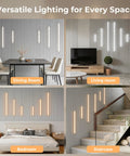 FTL CCT LED Recessed Lighting Kit, Wood Slat Wall Panel Lights 2700K-6000K used in dining, living, bedroom, and staircase setups.