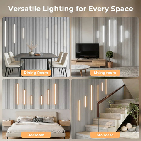 FTL CCT LED Recessed Lighting Kit, Wood Slat Wall Panel Lights 2700K-6000K used in dining, living, bedroom, and staircase setups.