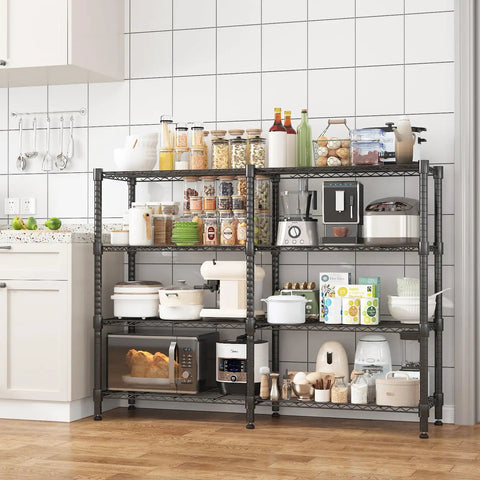 Rock Solid Four Tier Wire Shelving Unit, Heavy Duty Adjustable Metal Storage Rack For Garage Pantry And Kitchen, Powder Coated Utility Organizer, 14 By 60 By 60 Inches, Durable Black Finish