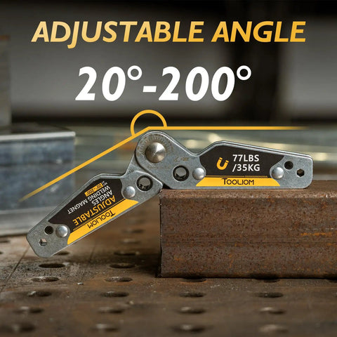 Beefy Adjustable Angle Welding Magnet 20 To 200 Degrees With 77 Lb Magnetic Pull shown on metal surface for alignment