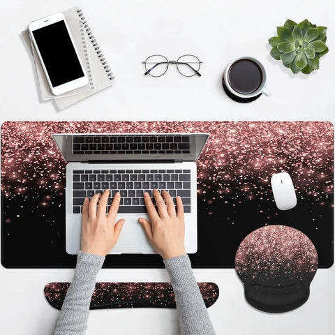 Rose Gold Pink 4-In-1 Keyboard And Mouse Pad Set With Large Desk Mat, Keyboard Wrist Rest, Mouse Wrist Rest, And Cup Coaster