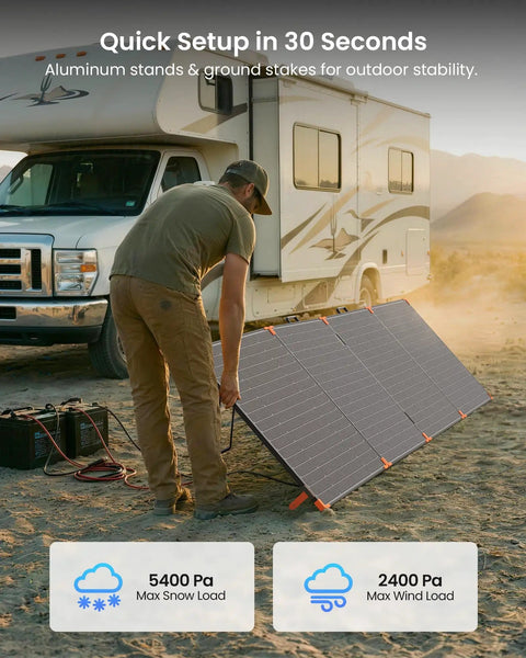 Man setting up 450W Portable Foldable Solar Panel Charger For Off Grid RV Power Backup IP68 Waterproof beside RV in desert