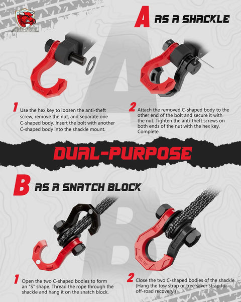 Heavy Duty D Ring Shackle Set With Snatch Block Pulley Two Pack Three Quarter Inch Shackles For Tow Winch And Off Road Recovery Pulley For Truck ATV UTV Beefy Black Red Finish Ready For Any Terrain, dual-use diagram
