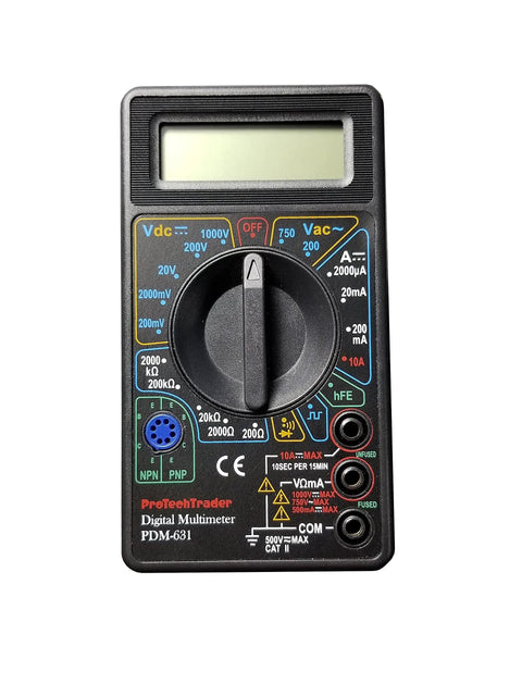 Front view of 7 Function Digital Multimeter For DIYers And Pros Measures AC DC Voltage, Resistance, Current, Transistors, Diodes, Buzzer