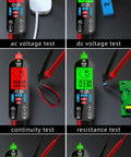 A1X Handy Smart Digital Multimeter Tester with red/green backlit LCD showing AC, DC, continuity, resistance, capacitance, diode tests.