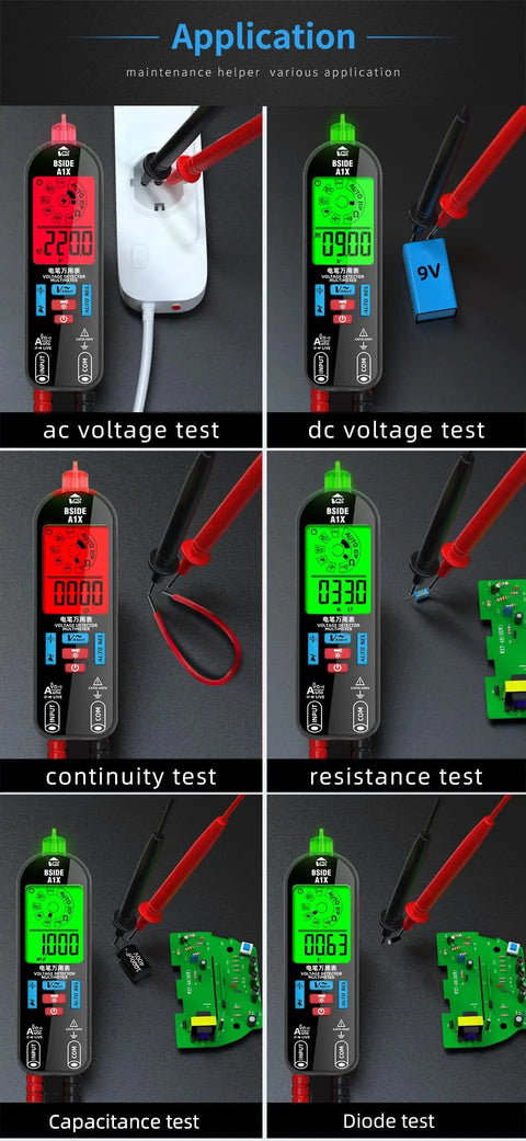 A1X Handy Smart Digital Multimeter Tester with red/green backlit LCD showing AC, DC, continuity, resistance, capacitance, diode tests.