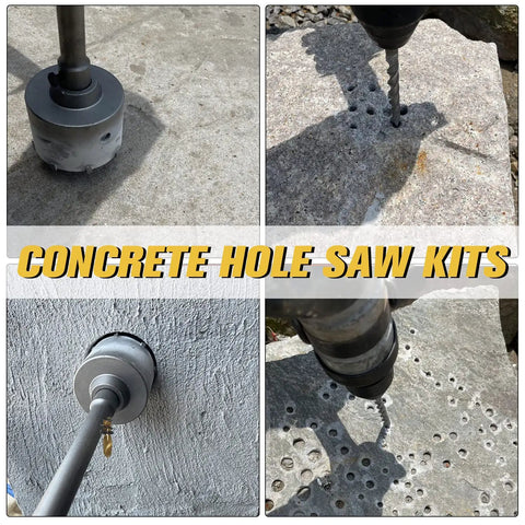 Concrete Hole Saw in use on cement block with drill, showcasing 8 Piece Concrete Hole Saw Kit 2 Inch Masonry Hole Saws For Cement SDS Plus Core Bits Tungsten Carbide Steel Wall Drill Bits Ideal For 30mm 40mm And 50mm Openings Heavy Duty Performance
