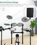 Image showing 12V AC Adapter Replacement For Yamaha DTX Series Electronic Drum Modules DTX6 DTX700 with drum set and secure design.