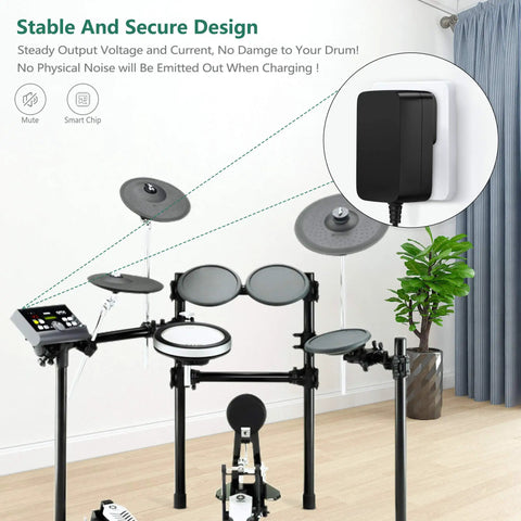 Image showing 12V AC Adapter Replacement For Yamaha DTX Series Electronic Drum Modules DTX6 DTX700 with drum set and secure design.