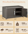 Weatherproof Outdoor Shoe Storage Cabinet With 2 Barn Doors And Adjustable Shelves And Waterproof UV Resistant Entryway Bench For Indoor Outdoor Use This Rugged Resin Shoe Organizer In Classic Grey shown with open barn door and shelves.