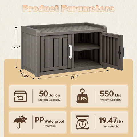 Weatherproof Outdoor Shoe Storage Cabinet With 2 Barn Doors And Adjustable Shelves And Waterproof UV Resistant Entryway Bench For Indoor Outdoor Use This Rugged Resin Shoe Organizer In Classic Grey shown with open barn door and shelves.