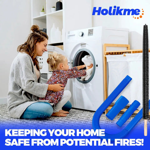 Two Piece Dryer Vent Cleaner Kit With Lint Vacuum Attachment And Flexible Dryer Lint Brush next to a mother and child by a dryer.