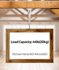 Adjustable Stainless Steel Hanging Wire Set displayed with a wooden frame showing 44lb (20kg) load capacity in a room setting.